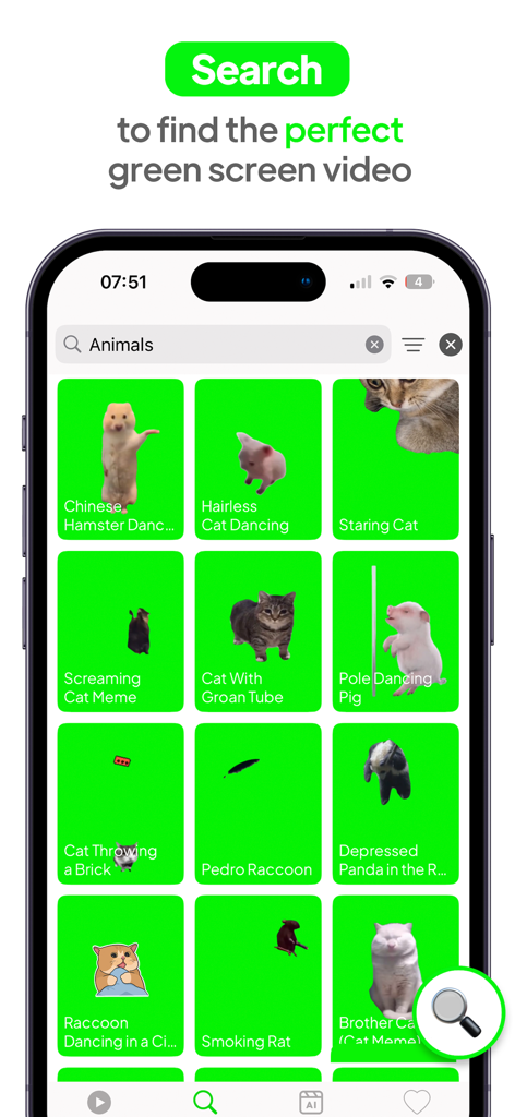 Green Screen Things - Search screen in the Green Screen Things app showing a grid of trending animal meme videos with green screen backgrounds.