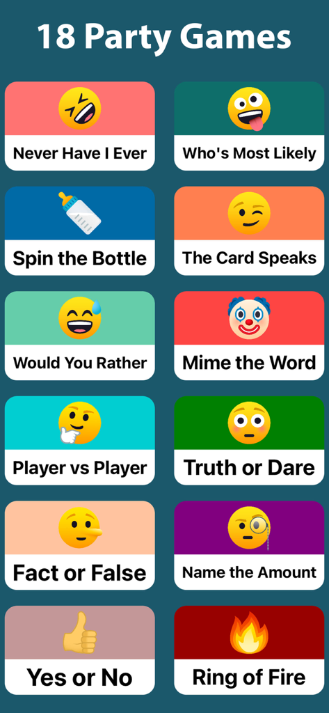PartyPal app interface showing a grid of various social games like Never Have I Ever and Truth or Dare
