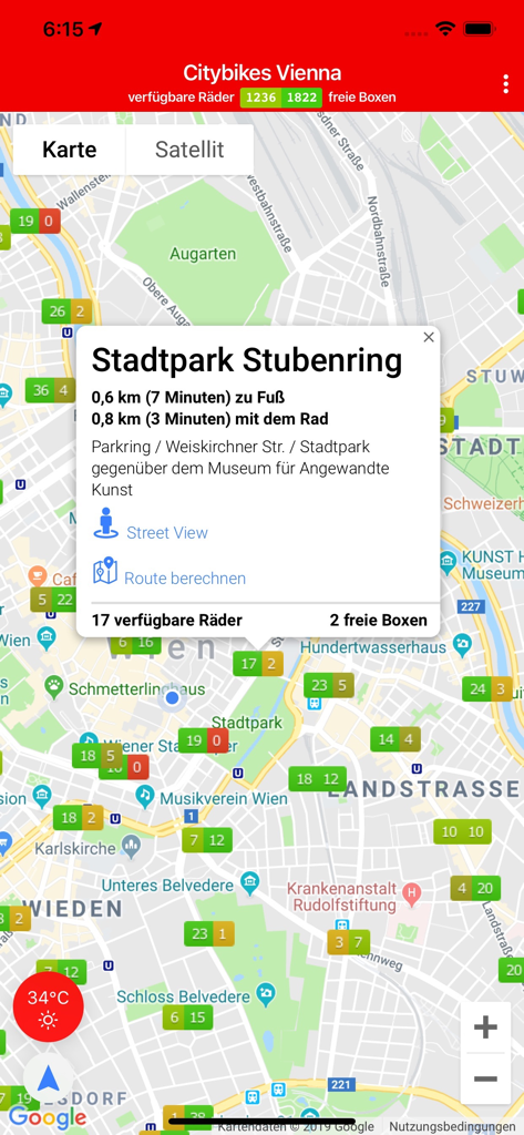 Citybikes Vienna - Kartenansicht der Citybikes Wien App, die Standorte und Verfügbarkeit von Fahrradstationen zeigt
