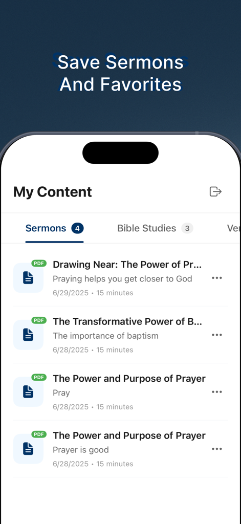 A list of saved sermons and study notes in the Preach Sermon Builder app