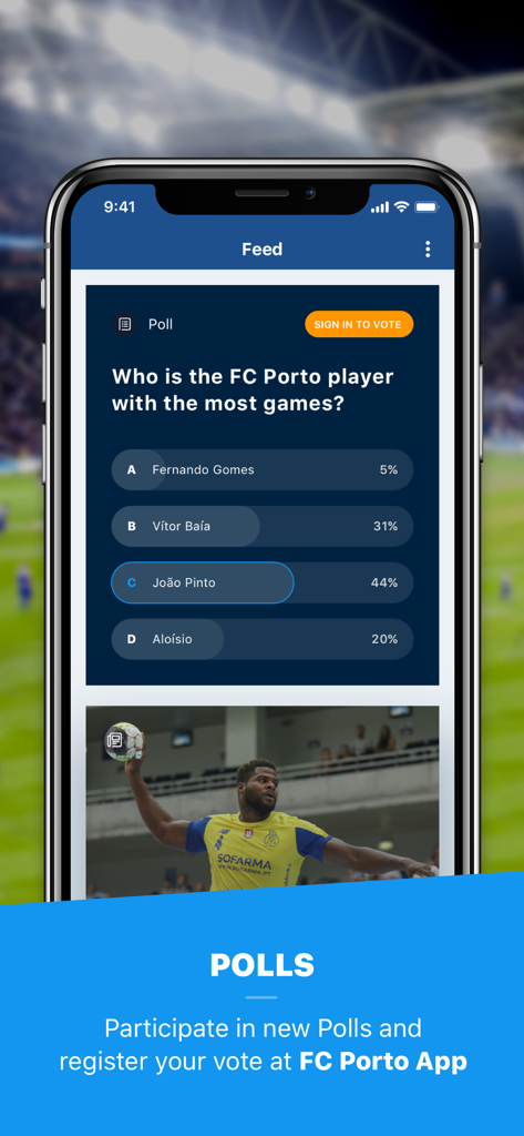Interactive poll feature on the Official FC Porto app asking who is the player with the most games.