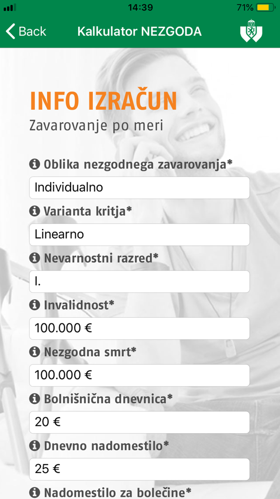 GRAWE mobile app screen showing an accident insurance calculation form with fields for coverage types and amounts