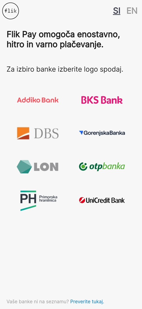 Flik Pay - Écran de sélection des logos de diverses banques slovènes dans l'application Flik Pay