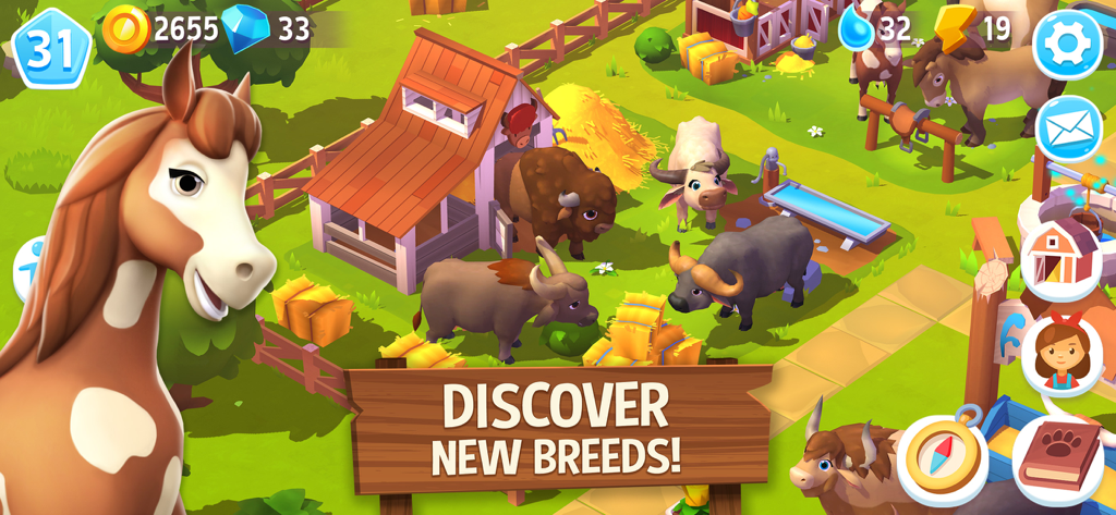 FarmVille 3 – Farm Animals - Eine bunte FarmVille 3-Gameplay-Szene, die verschiedene Tierrassen wie Pferde und Büffel auf einem sonnigen Bauernhof zeigt.