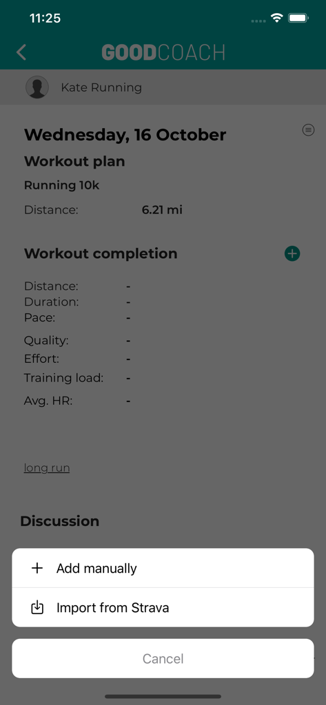 Pantalla de finalización de entrenamiento de la aplicación Good Coach que muestra la opción de importar actividad desde Strava.