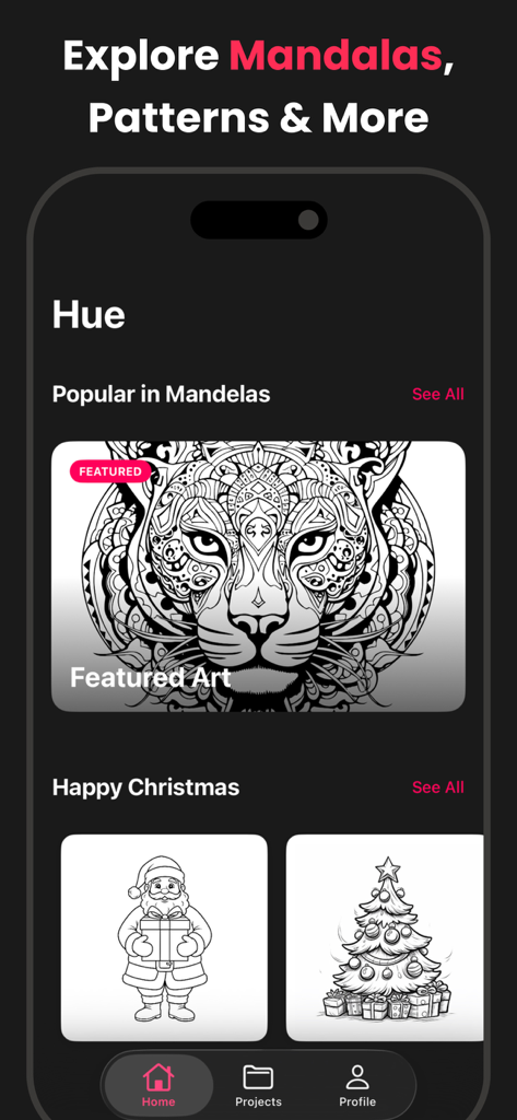 Adult Coloring Book - Hue - Home screen of the Hue adult coloring book app showing featured tiger mandala and Christmas coloring pages
