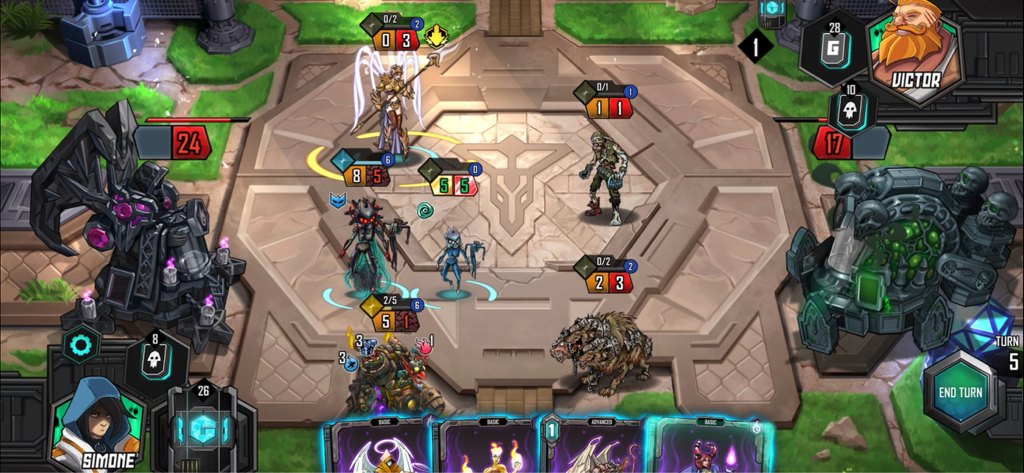 Mutants: Genesis - Une bataille de cartes tactique dans Mutants Genesis montrant des unités mutantes sur une arène hexagonale.