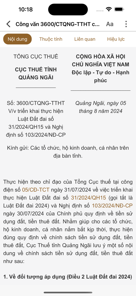 Contenido de documento legal oficial mostrado dentro de la interfaz de la aplicación Vietnam Law