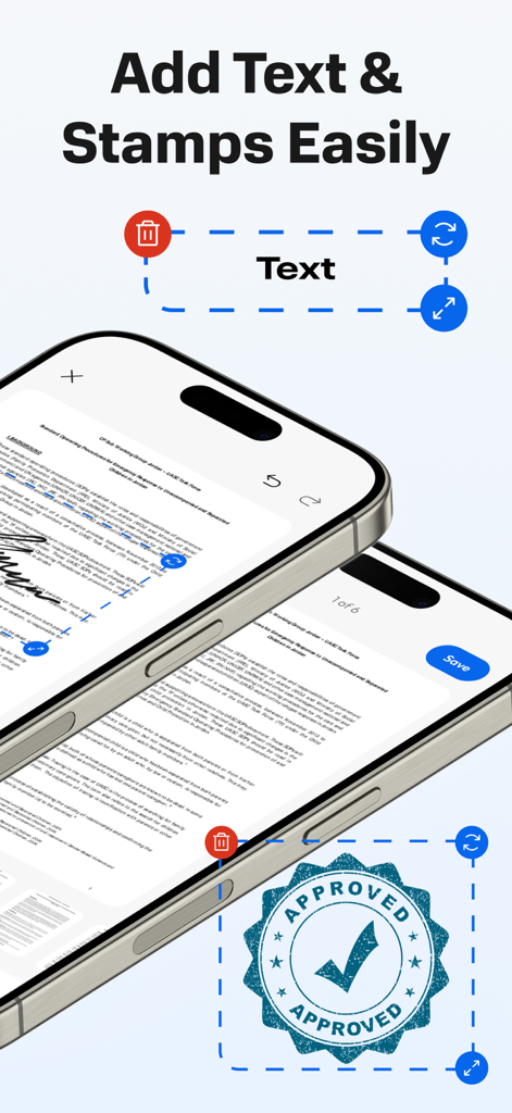 Telas de iPhone mostrando como adicionar texto e um carimbo aprovado a um documento PDF usando o aplicativo eSign