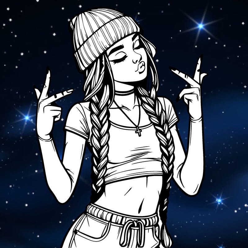 realistic teenage girl with braids and a beanie and crop top doing 🫶🏼