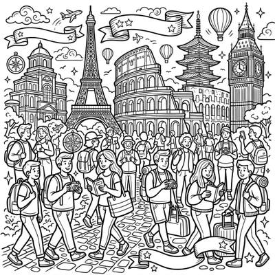 Dive into a vibrant scene of global exploration with this exciting coloring page, showcasing lively tourism crowds gathered at famous landmarks from across the world. Perfect for adventurers of all ages, it offers a detailed journey through iconic sights waiting for your creative touch.