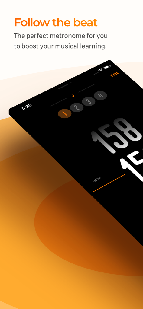 Metronome Cifra Club - Interface do aplicativo Metrônomo Cifra Club mostrando 158 BPM e um indicador de compasso de quatro batidas na tela de um smartphone.