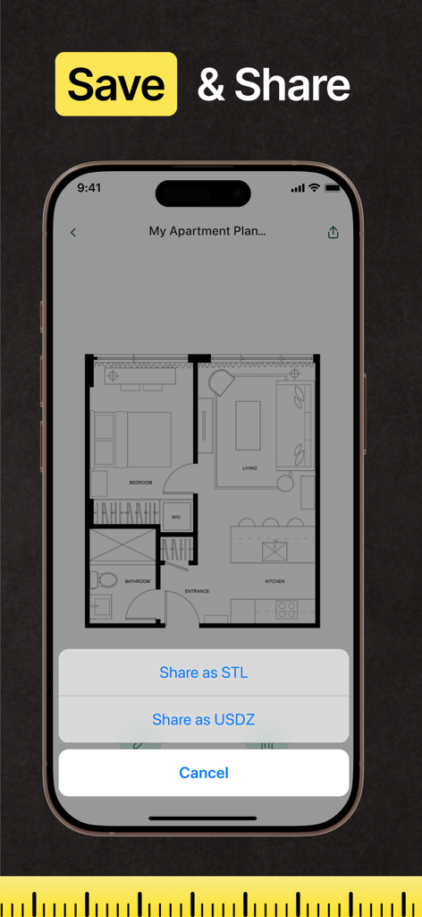 STLおよびUSDZ形式で共有するオプションが表示されたアパートの間取り図を示すモバイルインターフェース