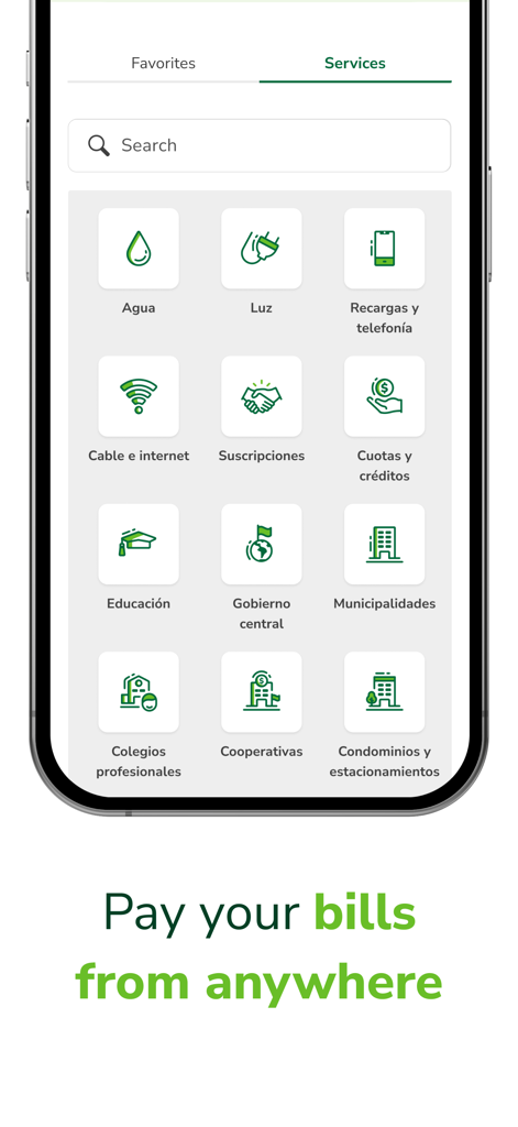 Promerica Móvil - Interfaz de la aplicación Promerica Móvil mostrando iconos para varios servicios de pago de facturas, incluyendo servicios públicos, educación y préstamos.