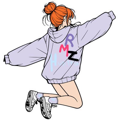 realistic girl jumping with a bun and oversized sweatshirt