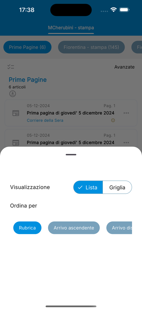 L'Eco della Stampa - Rassegna - Menú de opciones de clasificación y visualización en la aplicación de monitoreo de medios L'Eco della Stampa.