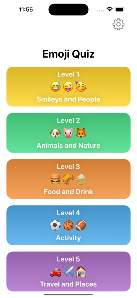 New Emoji Quiz Game - Puzzle - Level selection screen in the Emoji Quiz app showing categories for animals food and activity
