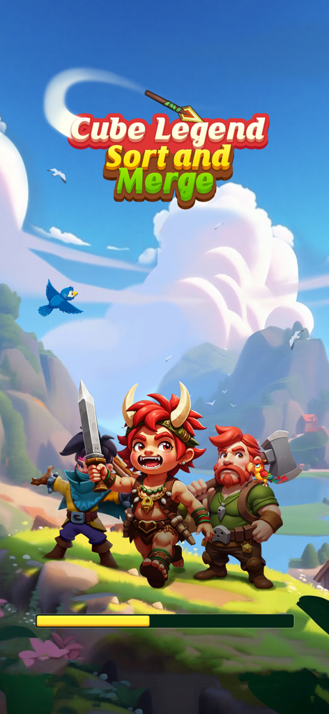 Cube Legend: Sort and Merge - Splash screen for Cube Legend Sort and Merge featuring three cartoon heroes in a mountain landscape