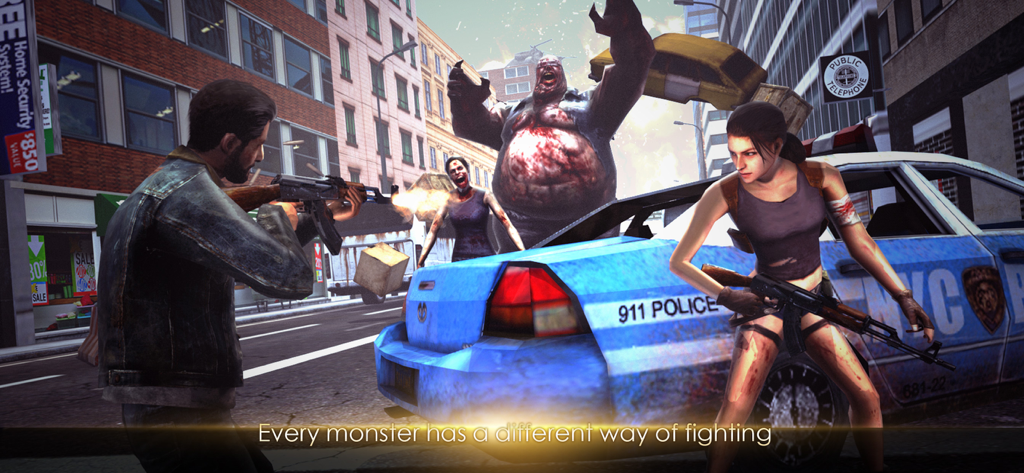Death Invasion : Zombie Games - Survivors with assault rifles fighting a giant zombie boss in a city street near a police car.