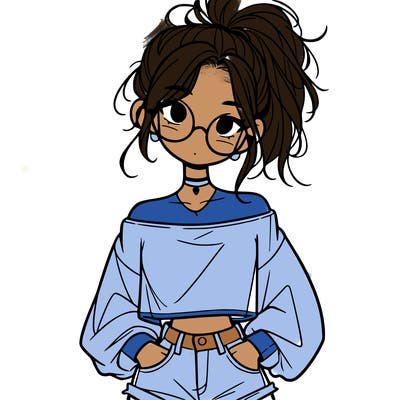 girl with a messy ponytail glasses a baggy crop top and jean shorts