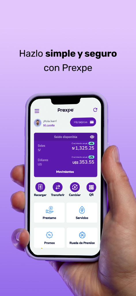 Prexpe - Cuenta digital - Hand holding a smartphone displaying the Prexpe digital account dashboard with balances in soles and dollars and various financial service icons.