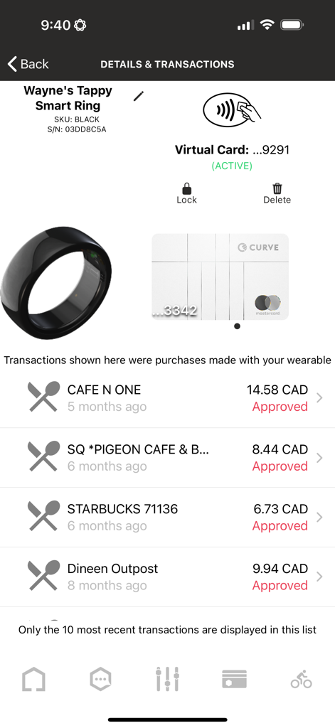 Tappy Pay - Tappy Pay app showing smart ring details and recent transaction history.