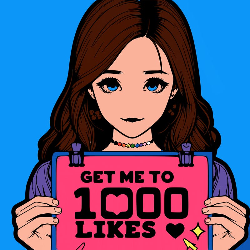 deatailed and realistic girl holding up a poster that says get me to 100 likes 👍🏻