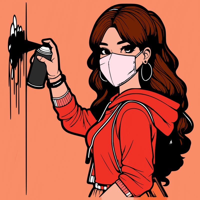 realistic girl with mask spray painting a wall