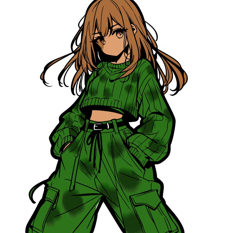 anime teen girl with baggy pants and crop top with sweater