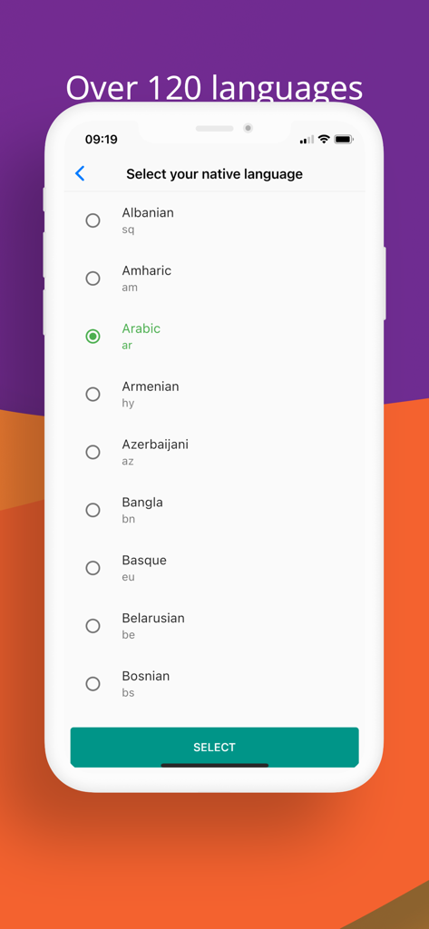 zTranslate - Translate Youtube - Interfaz de la aplicación zTranslate que muestra una lista de más de 120 idiomas para seleccionar como idioma nativo