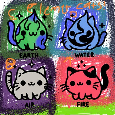 4 cats that represent the different elements, earth, water, air, and fire