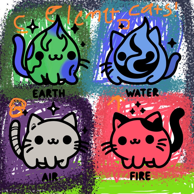 4 cats that represent the different elements, earth, water, air, and fire