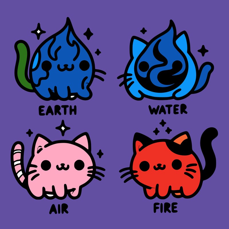 4 cats that represent the different elements, earth, water, air, and fire