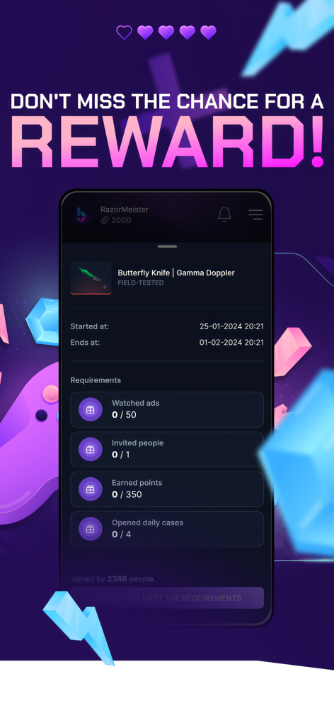BWGG-CS2: Skins for CS2 - Interface de l'application BWGG-CS2 montrant les tâches et les exigences pour gagner un skin de couteau papillon CS2