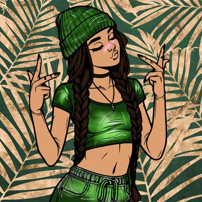 realistic teenage girl with braids and a beanie and crop top doing 🫶🏼