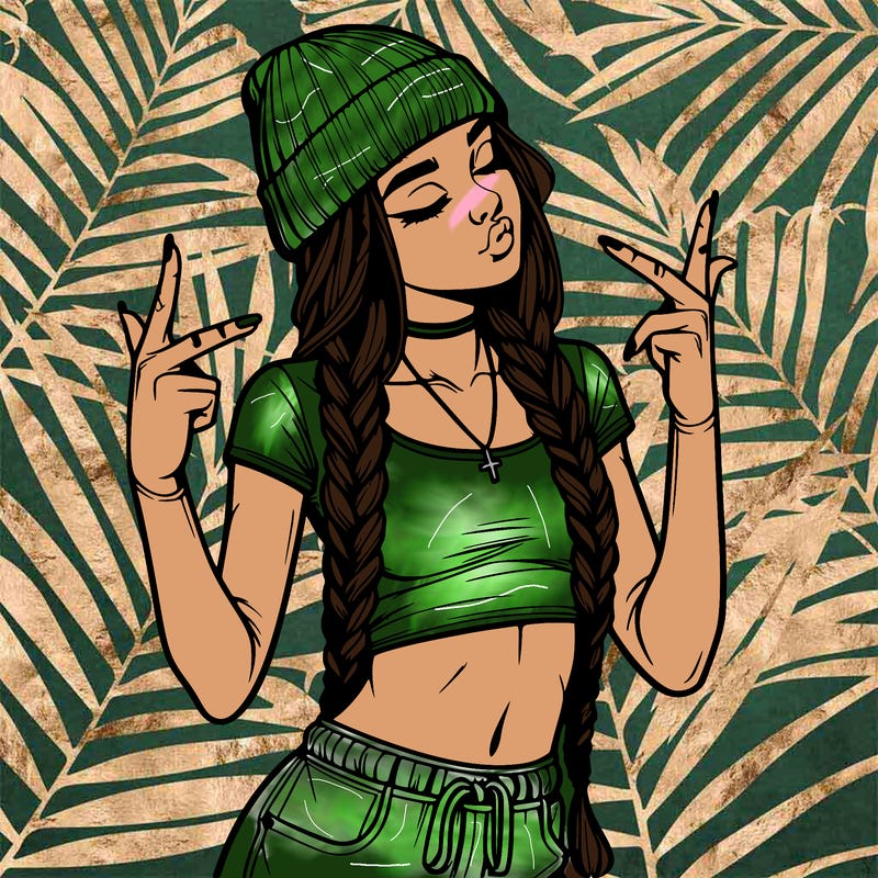realistic teenage girl with braids and a beanie and crop top doing 🫶🏼