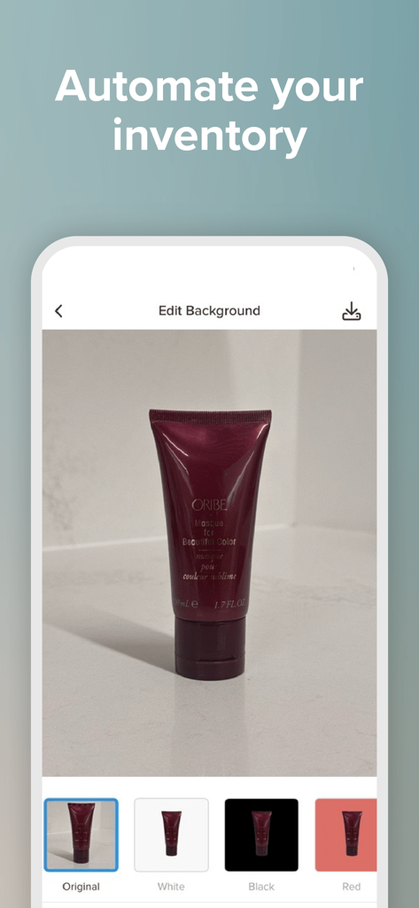Vagaro Pro app interface showing the background removal and editing tool for product inventory