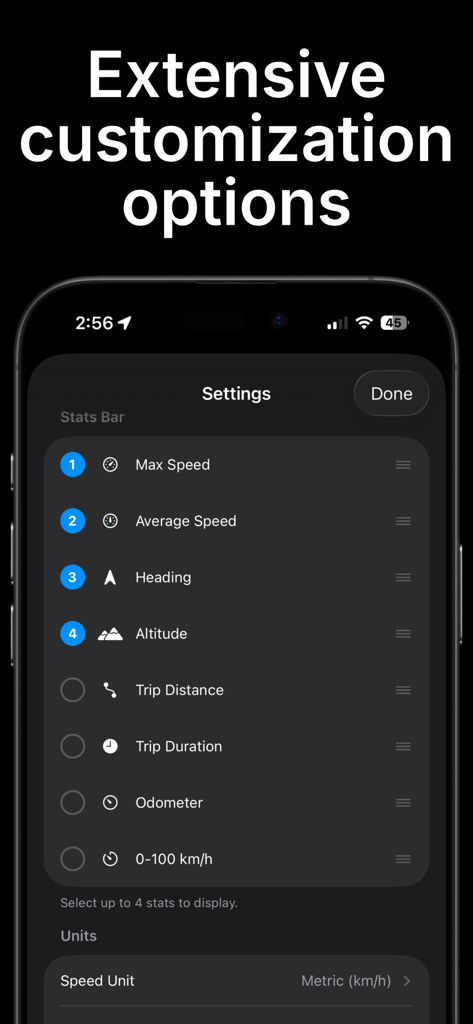 Speedra: GPS Speedometer - La pantalla de configuración de la aplicación Speedra mostrando opciones de personalización para la visualización de la barra de estadísticas