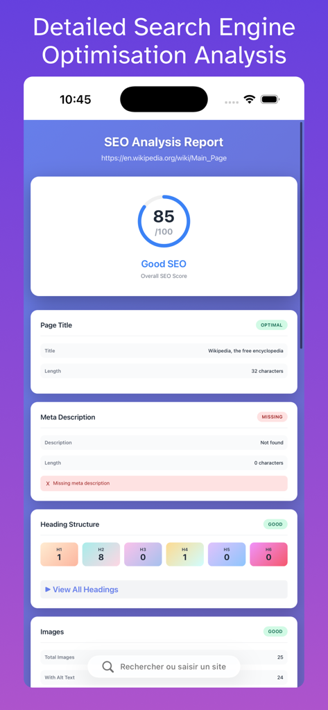 SEO for Safari - Report di analisi SEO dettagliato su iPhone che mostra un punteggio di 85 e metriche di ottimizzazione della pagina