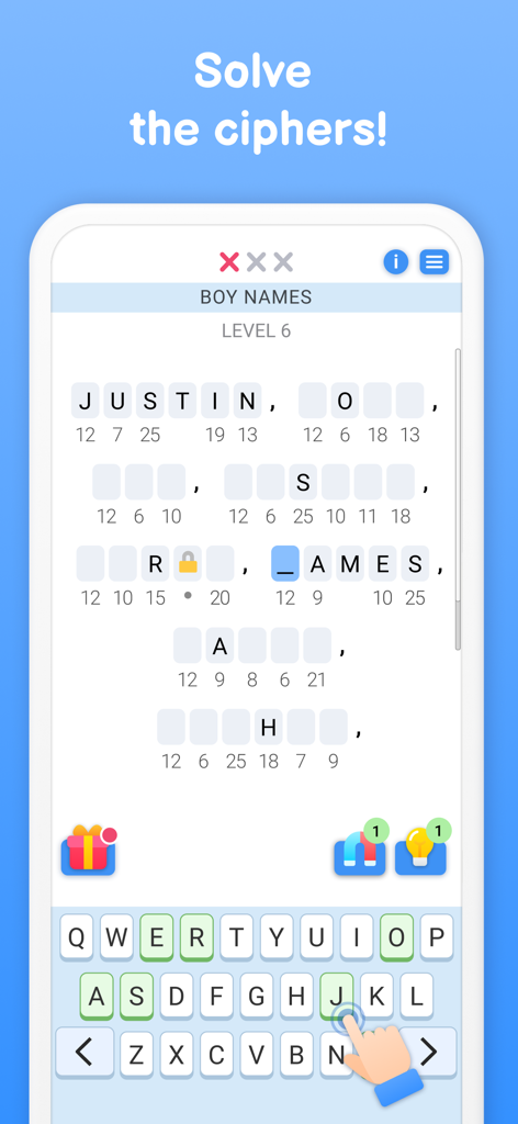 Decifrare un crittogramma di nomi maschili nell'app di gioco di parole Cipher Master