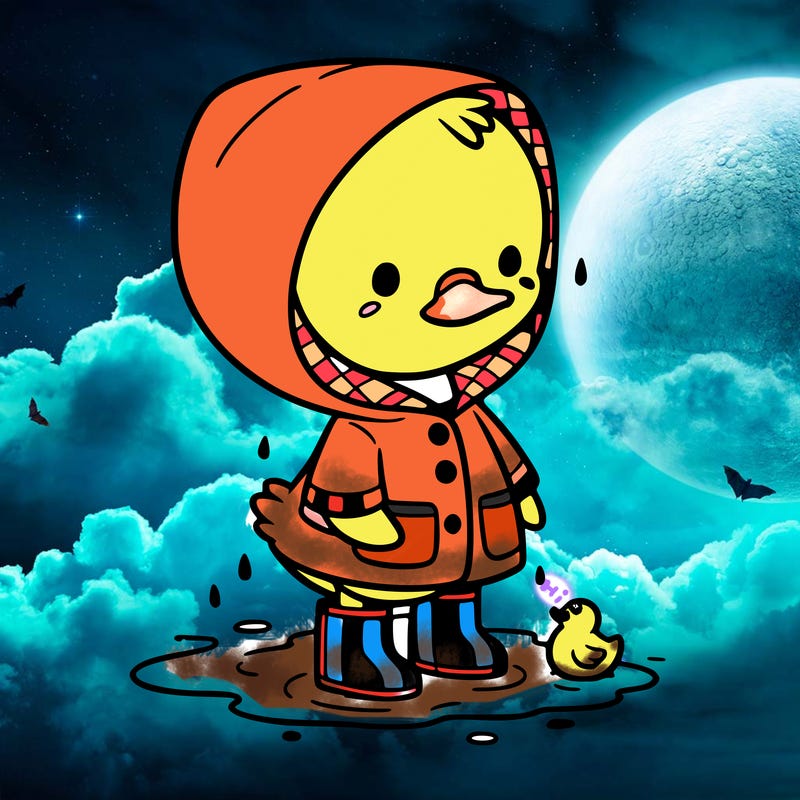 baby duck in a rain coat and boots, in a puddle while it’s raining