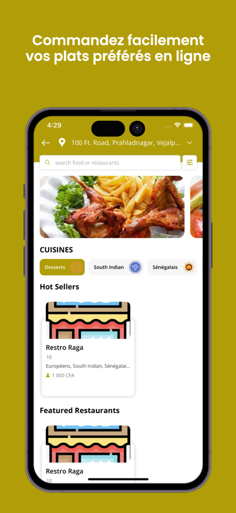 Okalm - Screenshot of the Okalm app food delivery interface featuring restaurant listings and various cuisine categories.