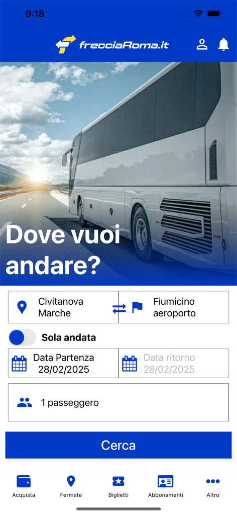 FrecciaRoma - Interfaccia mobile dell'app FrecciaRoma per la ricerca e la prenotazione di viaggi in autobus da Civitanova Marche all'aeroporto di Fiumicino.