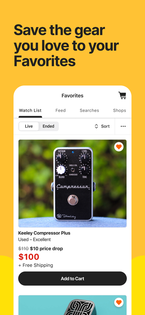 Reverb: Buy & Sell Music Gear - Écran Favoris de l'application Reverb montrant une pédale de guitare dans la liste de surveillance avec une baisse de prix