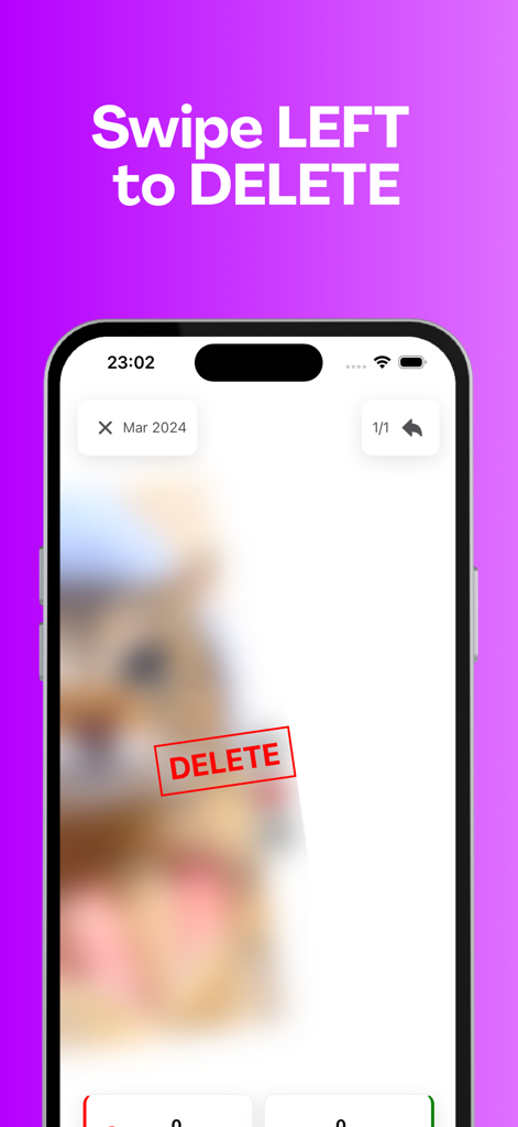iPhone screen showing the GlidePic app interface with a swipe left gesture to delete a photo from the gallery