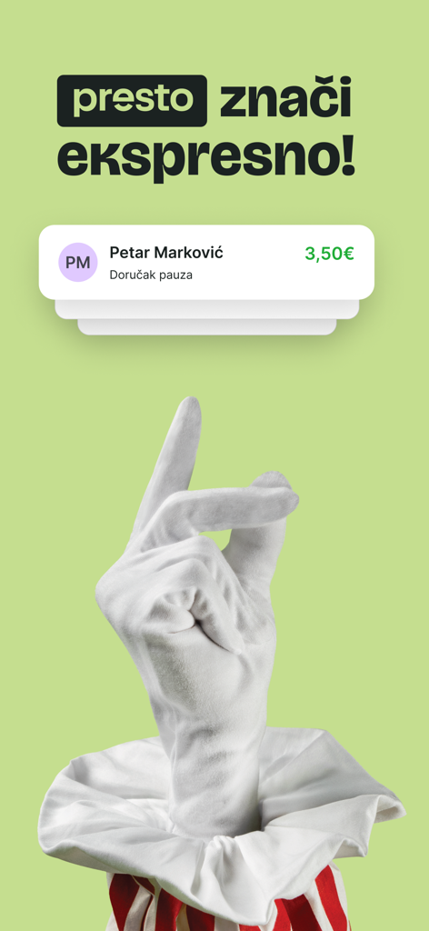 Presto - Money made simple - Una interfaz de aplicación móvil que muestra una notificación de pago rápido y una mano chasqueando los dedos.