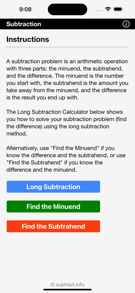 Instruction screen of the Long Subtraction app explaining math terms and showing buttons for long subtraction and finding missing variables.