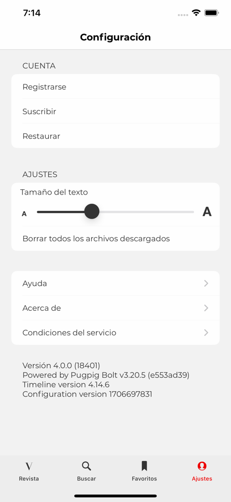 Revista Vogue España - Menú de configuración de la aplicación móvil Revista Vogue España mostrando cuenta y ajustes de tamaño de texto
