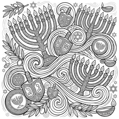 Celebrate the Festival of Lights with a unique twist! This intricate coloring page beautifully merges the swirling power of the Sirocco wind with classic Hanukkah symbols for a truly captivating experience.