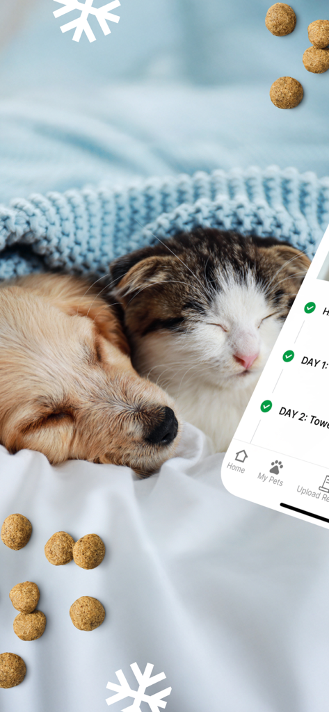 A puppy and kitten sleeping together under a blanket within the myPurina app interface